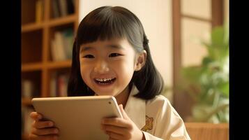 A little girl smiles while holding an ipad photo