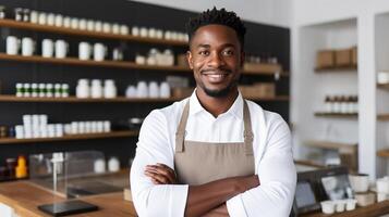 A smiling black man in an apron standing in front of shelves photo