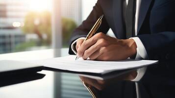 Businessman signing contract in office with pen and paper photo