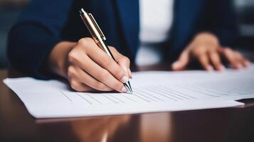 A woman signing a contract with a pen on a table photo