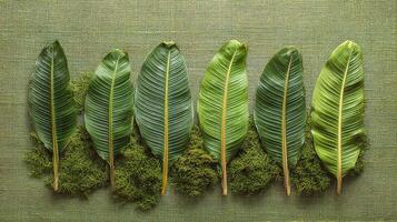 Five green leaves arranged in a row on a green cloth photo