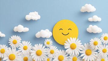 Smiling daisies in the sky with clouds and clouds of white clouds photo