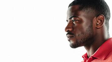 A man in a red shirt looking off to the side photo