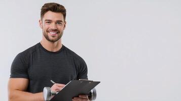 A man holding a clipboard and holding dumbbells photo