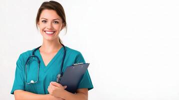 A woman in a scrub suit holding a clipboard photo