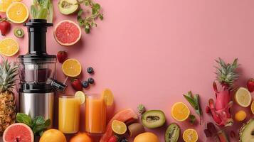 A juicer surrounded by fruits and vegetables photo
