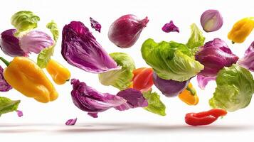A bunch of colorful vegetables flying in the air photo