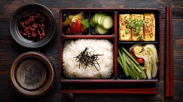 Japanese bento box with tofu, rice, vegetables and other ingredients photo