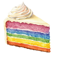 Colorful slice of rainbow cake with multiple vibrant layers topped with whipped cream swirl, showcasing joyful and festive dessert presentation png