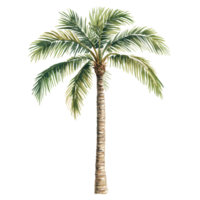 Tall tropical palm tree with slender, textured trunk and lush, green, feathery fronds spreading out at top, creating canopy of shade and relaxing, exotic atmosphere png