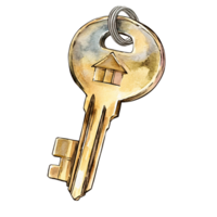 Close up of metallic key with house symbol engraved on head, symbolizing home ownership or real estate, with keyring attached. key has shiny, reflective surface and classic design png
