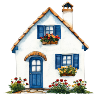 Charming watercolor illustration of cozy house with blue shutters, flower boxes filled with colorful blooms, stone pathway, and chimney, evoking warm, inviting atmosphere png