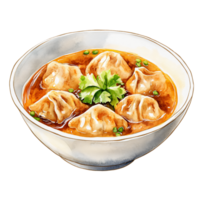 Steamed dumplings served in bowl with savory broth, garnished with fresh cilantro and chopped green onions, creating appetizing and flavorful Asian dish png