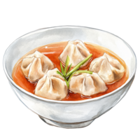 Steamed dumplings served in bowl with spicy red sauce, garnished with fresh green herbs, showcasing traditional Asian cuisine, appetizing and flavorful png