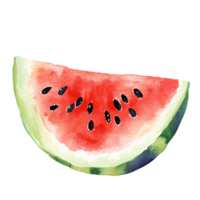 Watercolor illustration of fresh watermelon slice with vibrant red flesh, black seeds, and green rind, evoking sense of summer refreshment and juicy sweetness png