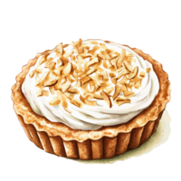 Delicious tart with crispy crust, topped with smooth whipped cream and sprinkled with toasted coconut flakes, looks inviting and perfect for dessert or special treat png
