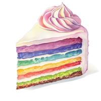 Colorful slice of rainbow cake with multiple vibrant layers topped with swirled pink and purple frosting, showcasing cheerful and festive dessert png