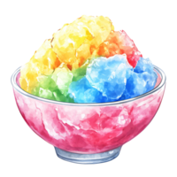 Colorful bowl of shaved ice with vibrant yellow, green, blue, red, and pink flavors, served in clear glass bowl, creating refreshing and visually appealing dessert png