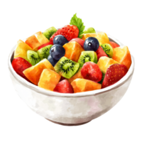 Fresh mixed fruit salad in white bowl featuring strawberries blueberries kiwi melon and pineapple creating colorful and healthy snack with vibrant juicy textures png