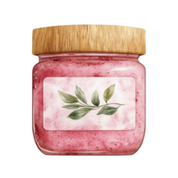 Pink watercolor style jar with wooden lid and botanical label featuring green leaves, designed for home fragrance or skincare products, exudes natural and calming aesthetic, perfect for cozy png