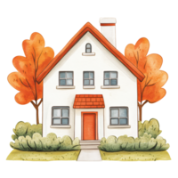 Charming house with white exterior, red roof, and multiple windows, surrounded by colorful autumn trees and lush bushes, creating cozy and inviting autumn scene png