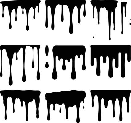 Black paint dripping displays varied fluid textures against a bright, clean background
