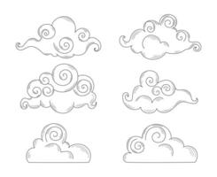 Hand drawn celestial doodle clouds in Asian style. Clouds outline. White cartoon swirl clouds vector
