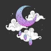 Crystal crescent moon in dark sky with swirl clouds. Crescent moon decorated with crystals vector