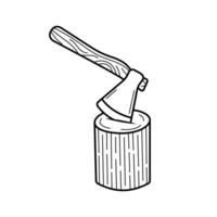 Stump with a stuck ax. Manual tool for chop wood. Hand drawn icon in sketch doodle style. Isolated illustration. vector