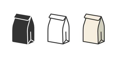 Lunch paper bag, grocery bag, takeaway food packaging with folded top, outline, flat and colored isolated on background vector
