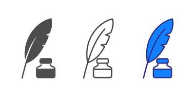 Quill feather and ink bottle. old writing symbol. Outline, flat, and colored vector