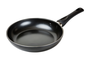 Sleek frying pan featuring a nonstick surface and a black handle presented on transparent background png