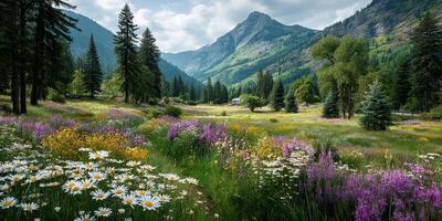 Breathtaking summer landscape with wildflowers and mountains in the background under a cloudy sky photo