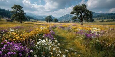 Vibrant wildflower meadow in a scenic valley under cloudy skies during early afternoon photo