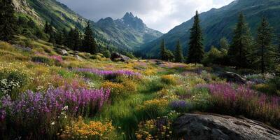 Colorful wildflower meadow with mountains and pine trees under cloudy skies in a national park during summer photo