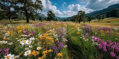 Beautiful wildflower meadow in vibrant bloom during daytime in a scenic valley photo