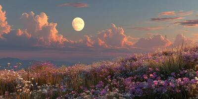 Moonlit meadow filled with colorful flowers under a dramatic sky at dusk photo