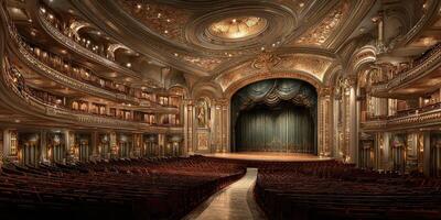 Grand theater interior showcasing lavish decor with ornate details and empty seating before a performance begin photo