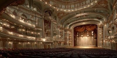 Elegant theater interior showcasing ornate architecture and plush seating during a performance with warm lighting photo