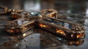Intricate golden cross pendant with gemstone details resting on a textured surface in soft light photo