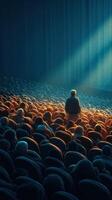 Audience captivated by performer under dramatic stage lighting during a live theater event photo