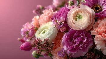 Beautiful bouquet of pink and purple flowers arranged for a special occasion in a soft light setting photo