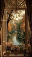 Serene autumn view from a window overlooking a tranquil lake surrounded by colorful trees photo