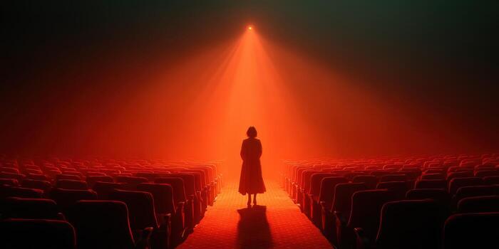 Silhouette of a figure standing alone in an empty theater illuminated by a dramatic orange light photo