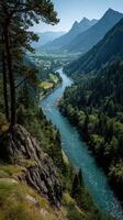 Scenic view of a winding river surrounded by mountains under a clear sky in daylight photo