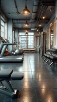 Modern gym interior featuring workout equipment and bright natural light in an urban setting photo