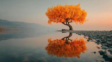 Vibrant orange tree reflecting in still water at dawn by a tranquil lake in autumn photo