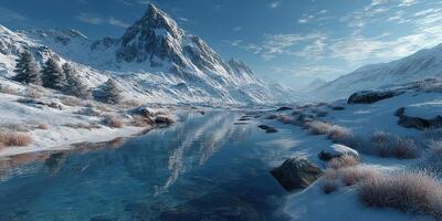 Winter landscape with snow-covered mountains and a calm river reflecting the serene sky at dusk photo
