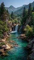 Serene waterfall cascading into turquoise pool surrounded by lush greenery in the mountains during midday photo