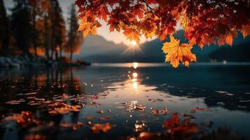 Autumn leaves reflect golden sunlight over a serene lake at sunset in a quiet mountain setting photo